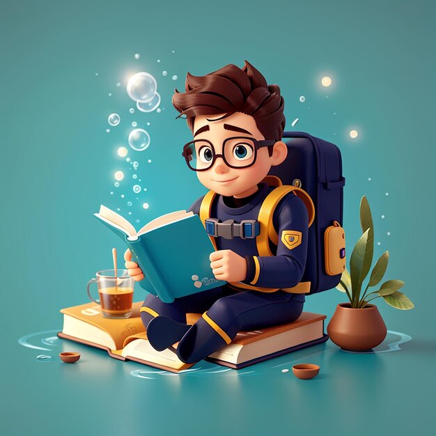 Cute diver reading book with coffee cartoon vector icon illustration science education isolated flat