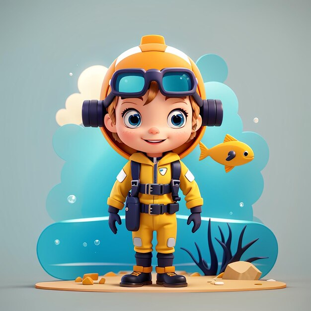 Cute diver standing cartoon vector icon illustration science nature icon concept isolated flat