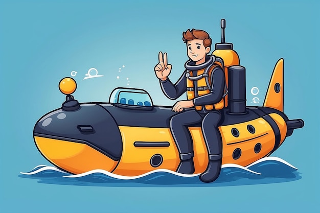 Photo cute diver on submarine cartoon vector illustration