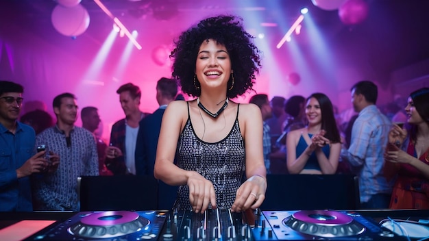 Cute dj woman having fun playing music at club party