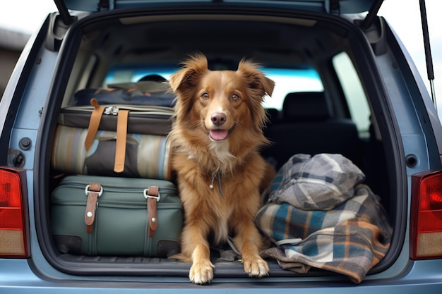 Cute dog at back of car sitting ready for travel photorealistic