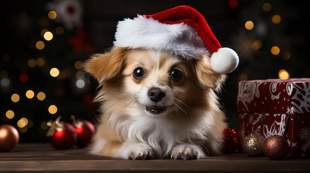 クリスマスの赤い帽子とクリスマスのおもちゃの背景にかわいい犬笑顔の犬