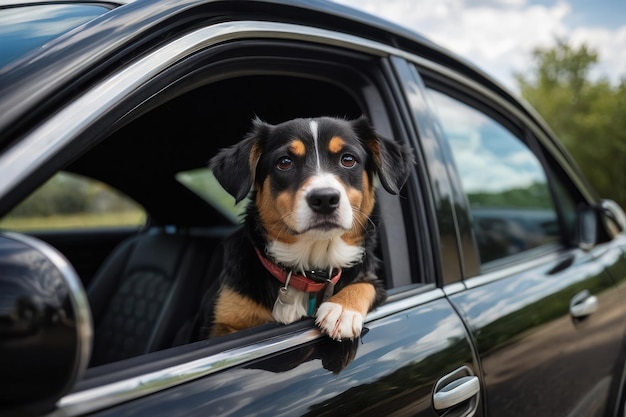 外から見た黒い車の可愛い犬