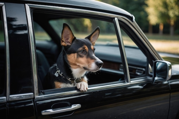 外から見た黒い車の可愛い犬