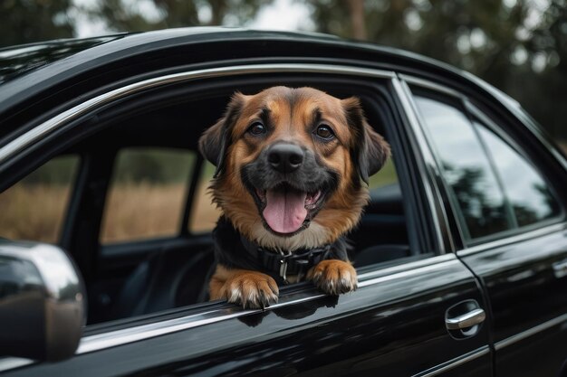 外から見た黒い車の可愛い犬