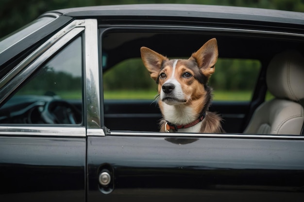 Cute dog in black car view from outside