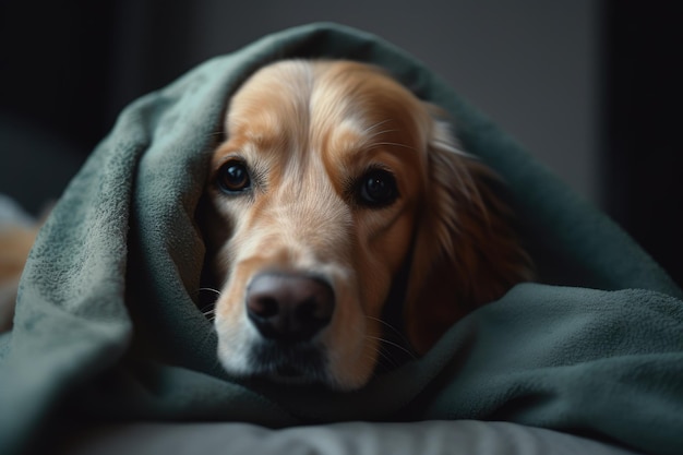 Cute dog under a blanket on bed at home Pet care concept AI Generated