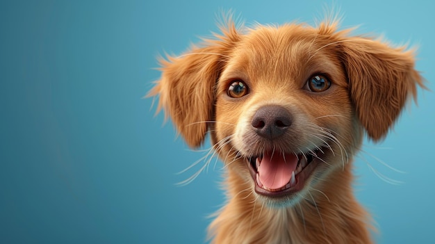 青い背景のクローザップで可愛い犬 幸せなペット