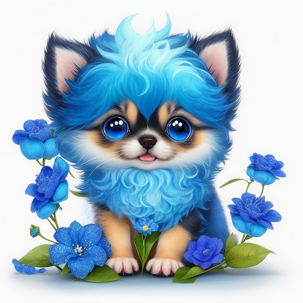 Cute dog blue and white holding a flower