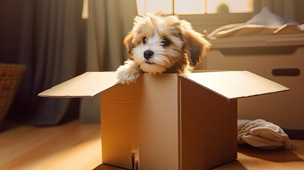 Photo cute dog in cardboard box in room