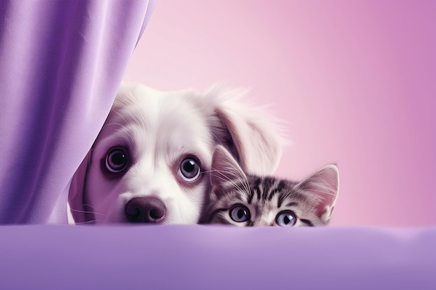 Cute dog and cat hiding behind a purple curtain Animal theme Banner