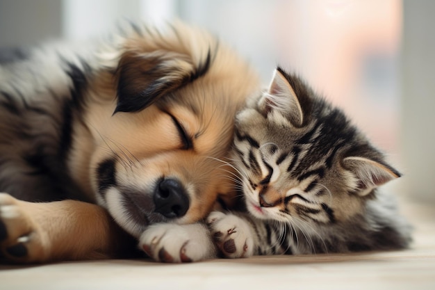 Cute dog and cat sleeping together in a bed