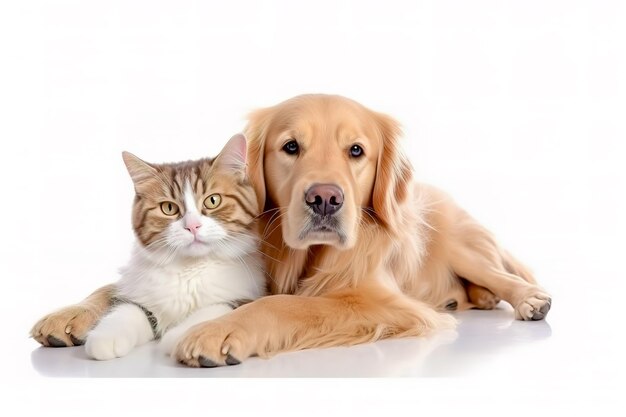 Cute dog and cat together on white background