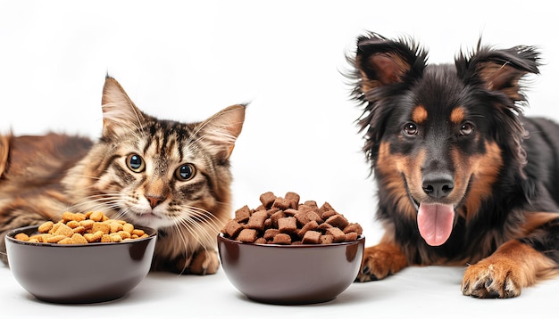 Cute dog and cat with bowls of food on white background Banner for design