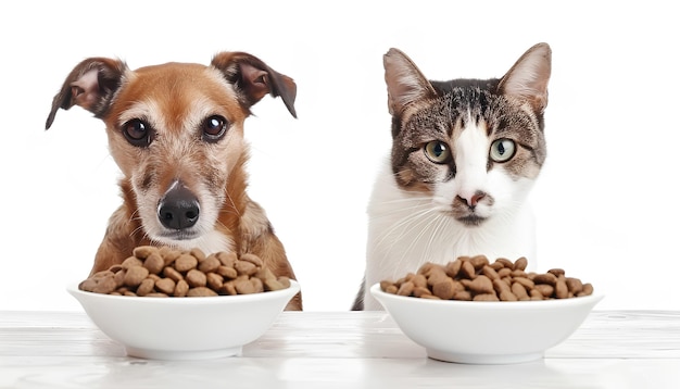 Cute dog and cat with bowls of food on white background Banner for design