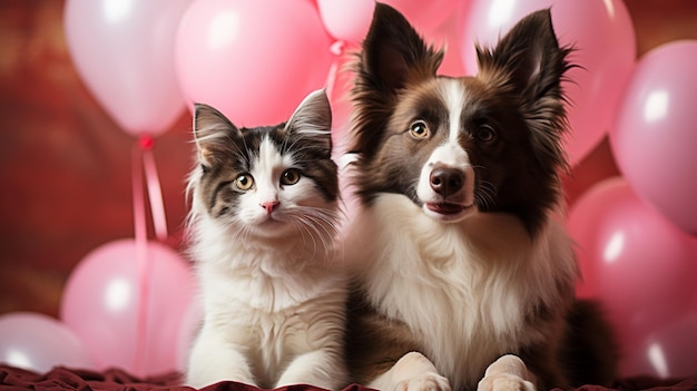 ピンクの背景にバレンタインのハート形のバルーンを持つかわいい犬と猫