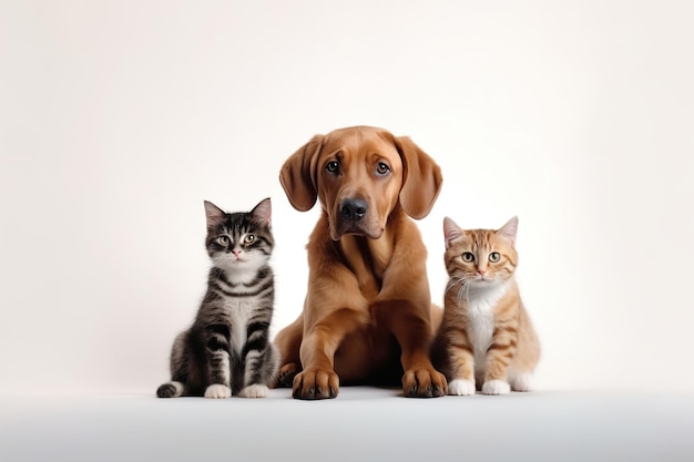 색 배경에 고립된 귀여운 개와 고양이