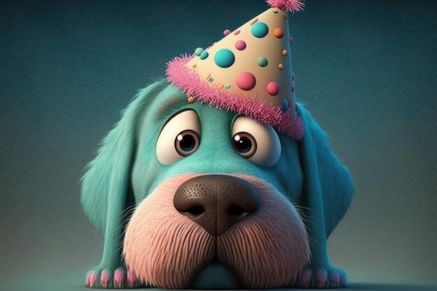 Cute dog celebrate birthday doggy sits in a festive pink and blue hat ai generative