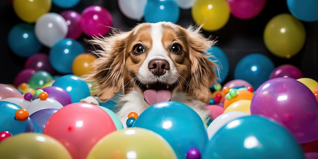 カラフルなパーティーを祝うかわいい犬