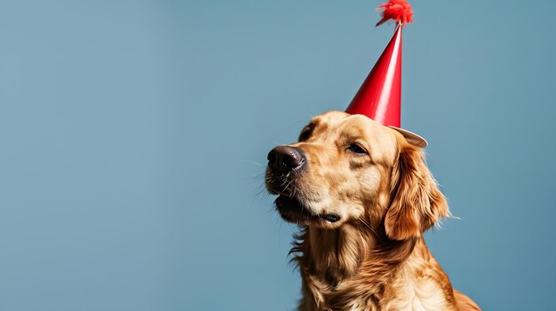 Photo cute dog celebrating with red pary hat and blowout against a blue background and co generative ai