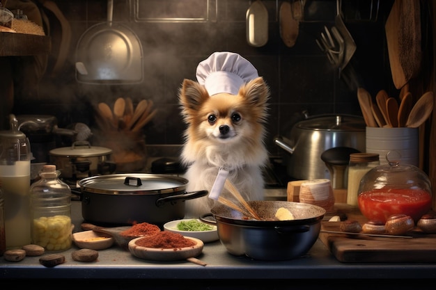 シェフの帽子をかぶったかわいい犬が料理をしている