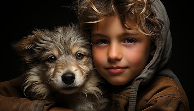 Cute dog and child embrace pure joy in their eyes generated by AI