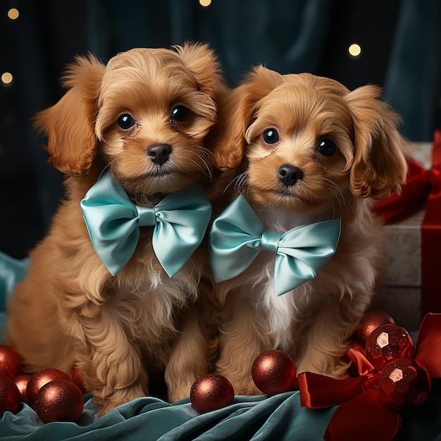 cute dog couple in cozy Christmas background