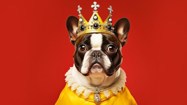 Миленькая собака в короне и в королевской одежде на красном фоне фото высокого качества