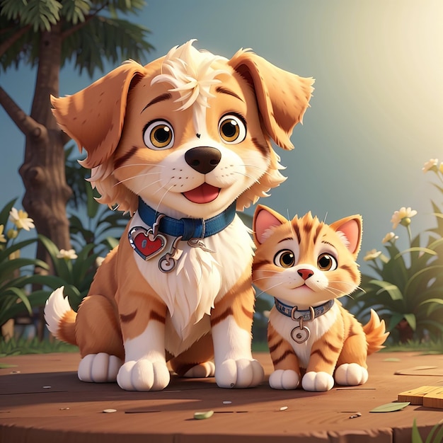 Cute dog and cute cat cartoon illustration