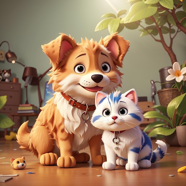 귀여운 개와 귀여운 고양이 만화 일러스트레이션