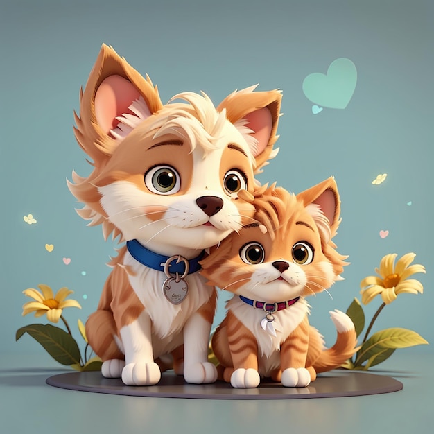 Cute dog and cute cat cartoon illustration