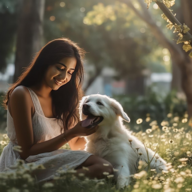 かわいい犬と公園で一緒に遊んでいるかわいい女の子