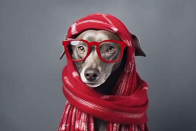Фото Милая собака в красном шарфе и шляпе с местом для копирования