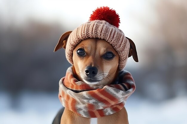 Cute Dog Dressed in a Red Scarf and Hat with Space for Copy