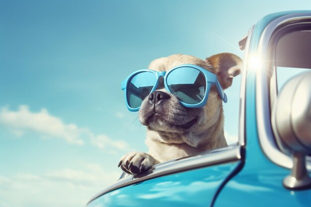 Cute Dog Driving a Blue Car while Wearing Sunglasses AI