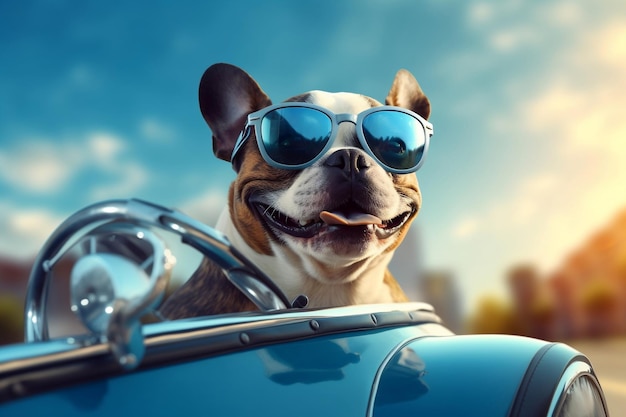 Cute dog driving a blue car while wearing sunglasses ai