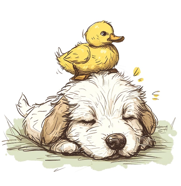 Photo a cute dog and duck on head sketch