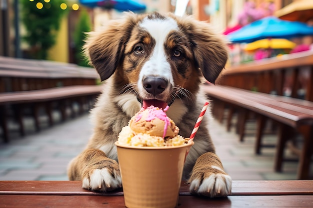 Милая собака наслаждается мороженым, дружелюбным к щенкам