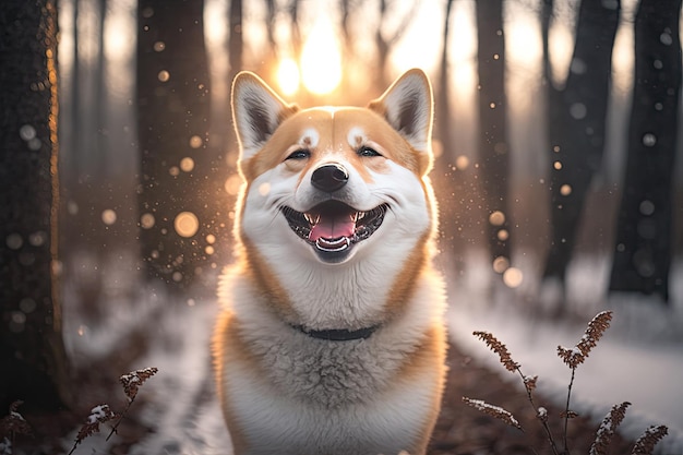 Simpatico cane che gode di una foresta innevata al tramonto ritratto di un animale domestico felice al di fuori della stagione invernale ia generativa