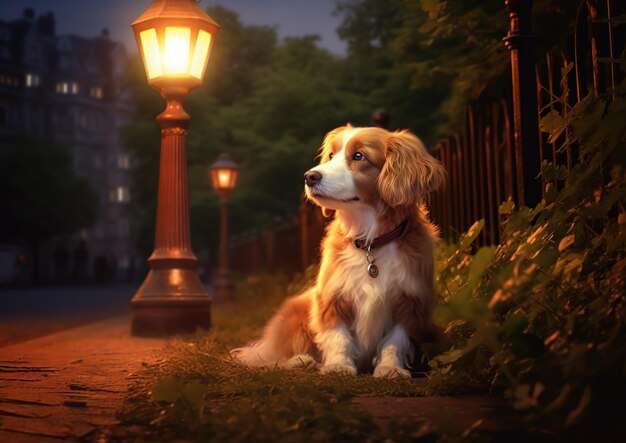 夜の公園のかわいい犬 生成 AI