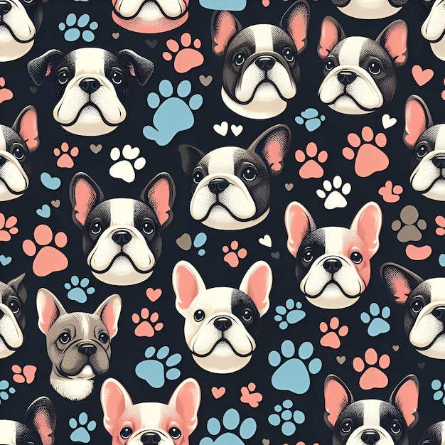 Photo cute dog face and foot prints pattern background