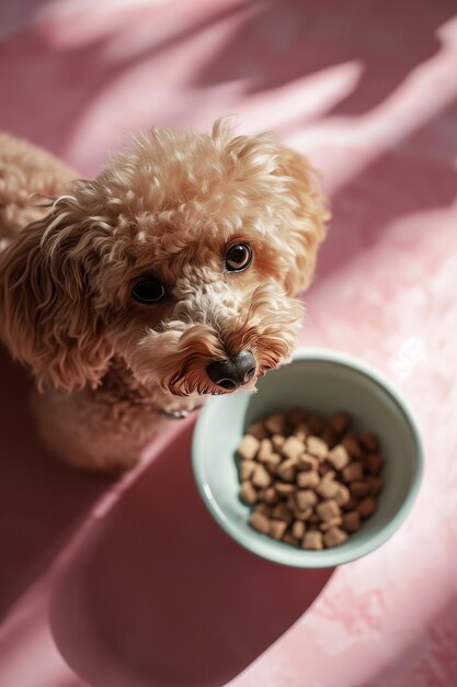 可愛い犬が犬の食べ物の鉢を食べている