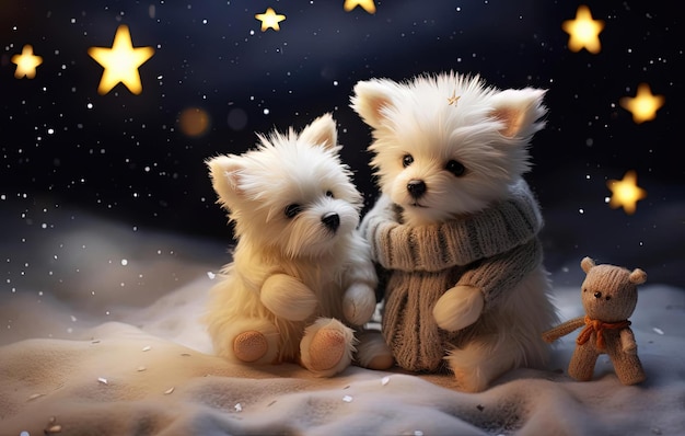 Photo cute dog figurines playing with snow in the in the style of the stars art group xing xing