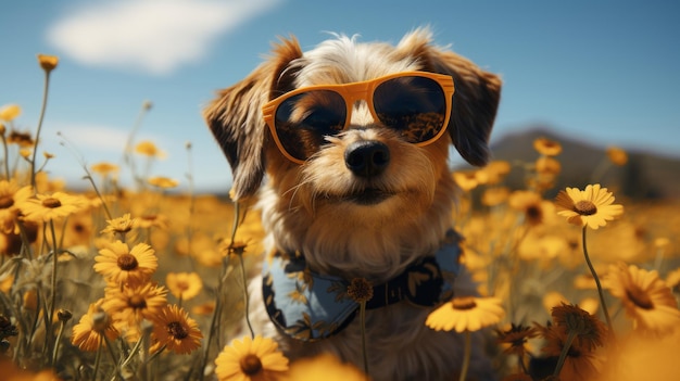 Cute dog in a funny outfit and sunglasses