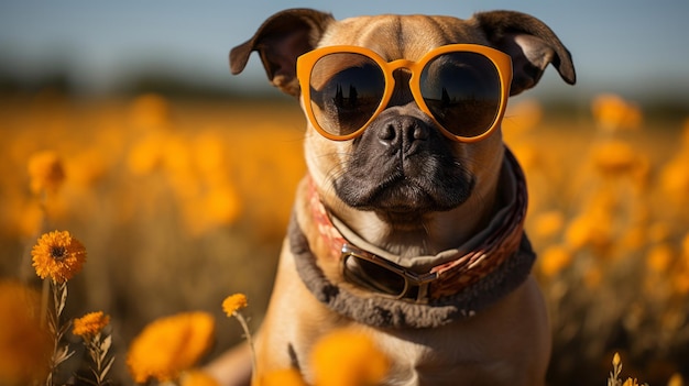 Cute dog in a funny outfit and sunglasses