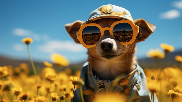 Cute dog in a funny outfit and sunglasses