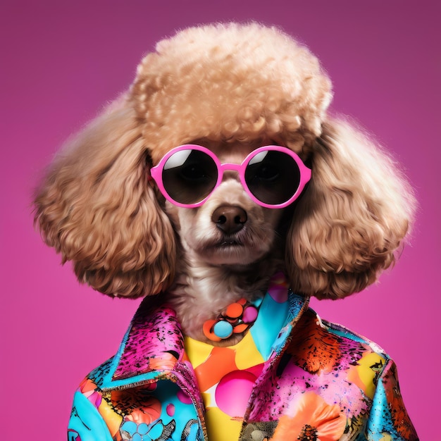 cute dog in glasses in a fashionable clothes with a pink wig on a black background the concept