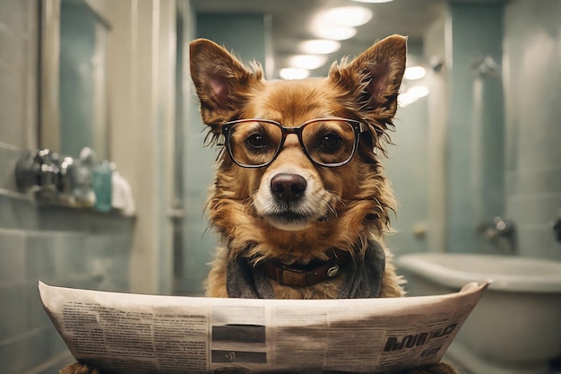 Милая собака в очках сидит в ванной и читает газету.