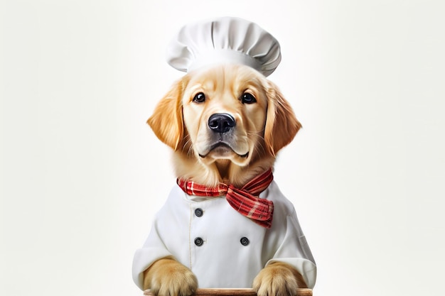 흰색 배경 Generative Ai에 격리된 저녁 식사를 위해 의상을 입은 귀여운 강아지 골든 리트리버 요리사