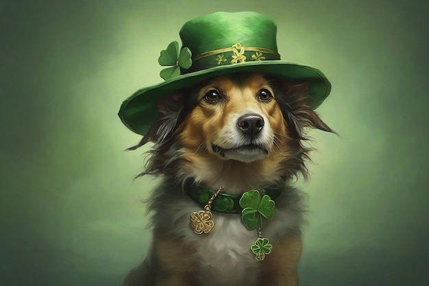 Милая собака в зеленой шляпе-леприконе на темном фоне